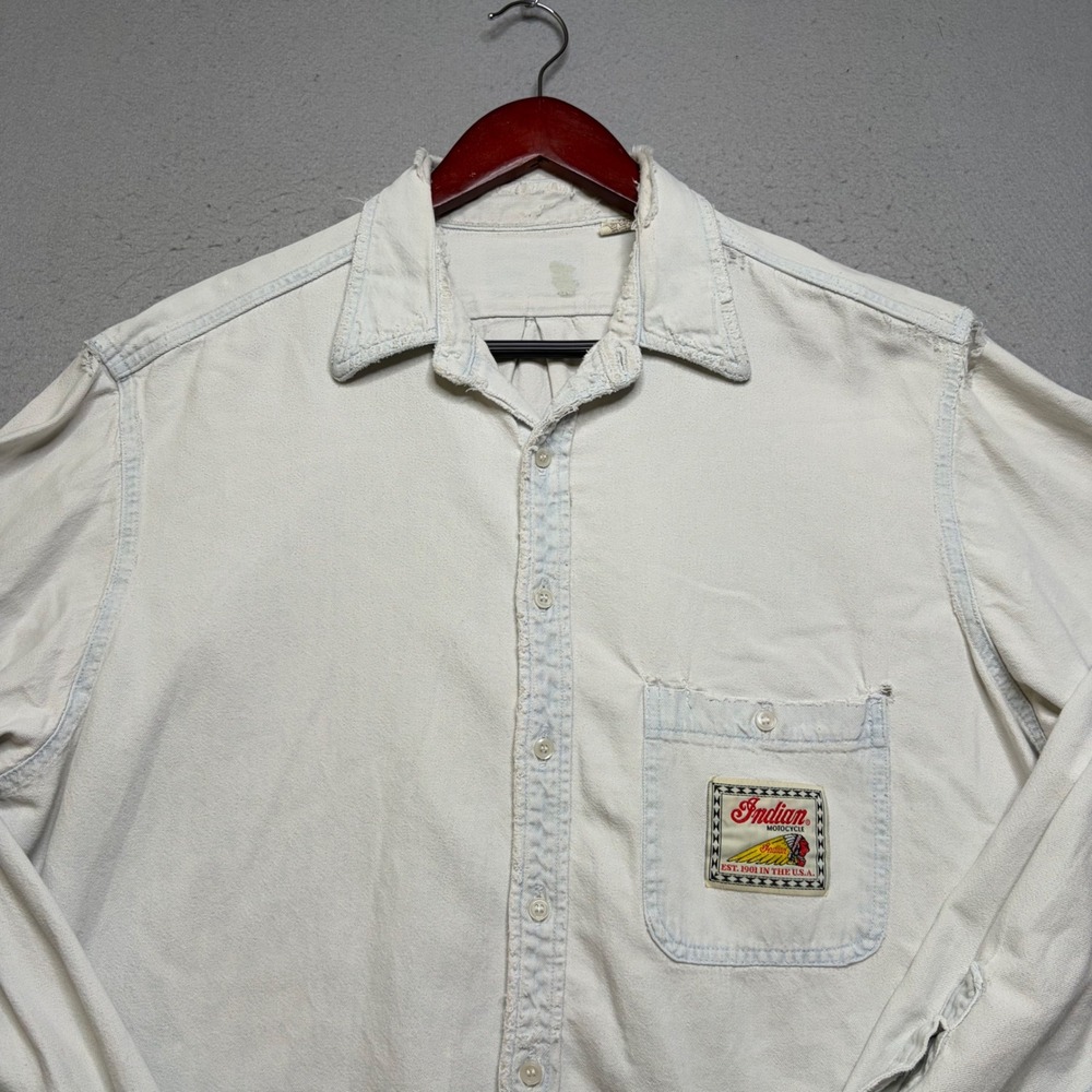 Indian Motocycle Denim Shirt Mens XL White Vintage 80s Distressed Biker Cotton - Picture 16 of 16